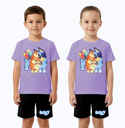 Unisex Bluey baskılı Çocuk Tişört Siyah Şortlu Takım pamuklu penye kumaş