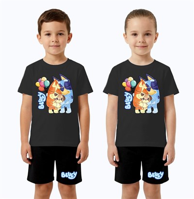 Unisex Bluey baskılı Çocuk Tişört Siyah Şortlu Takım pamuklu penye kumaş