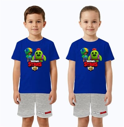 Unisex Brawl Stars baskılı Çocuk Tişört gri Şortlu Takım pamuklu penye kumaş
