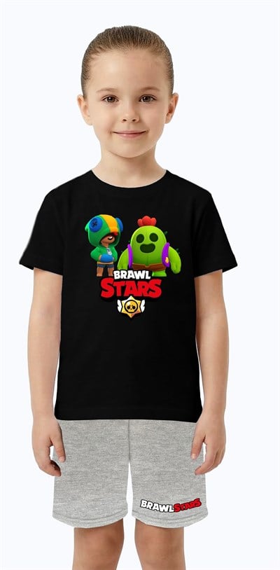 Unisex Brawl Stars baskılı Çocuk Tişört gri Şortlu Takım pamuklu penye kumaş
