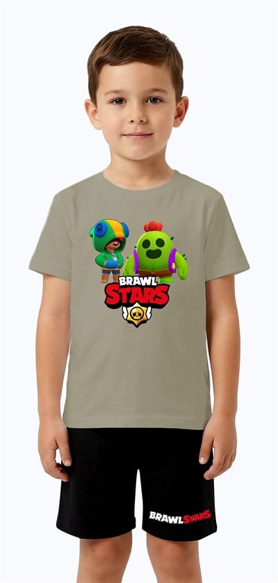 Unisex Brawl Stars baskılı Çocuk Tişört siyah Şortlu Takım pamuklu penye kumaş