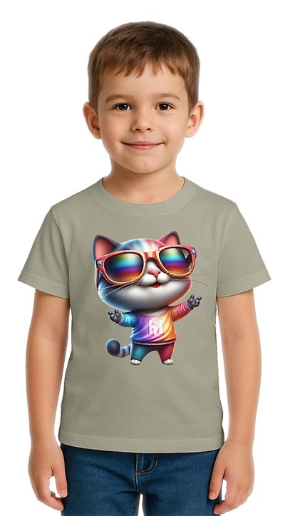 Unisex Cat Baskılı Çocuk Tişört pamuklu penye kumaş