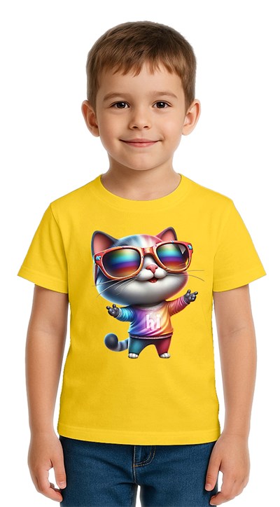Unisex Cat Baskılı Çocuk Tişört pamuklu penye kumaş