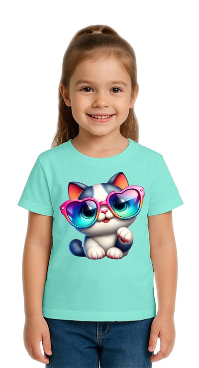 Unisex Cat Baskılı Çocuk Tişört pamuklu penye kumaş