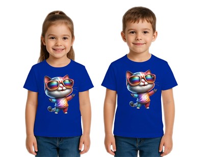 Unisex Cat Baskılı Çocuk Tişört pamuklu penye kumaş