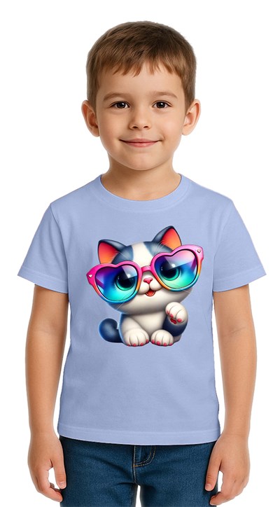 Unisex Cat Baskılı Çocuk Tişört pamuklu penye kumaş