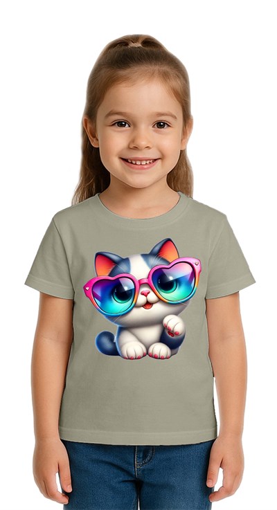 Unisex Cat Baskılı Çocuk Tişört pamuklu penye kumaş