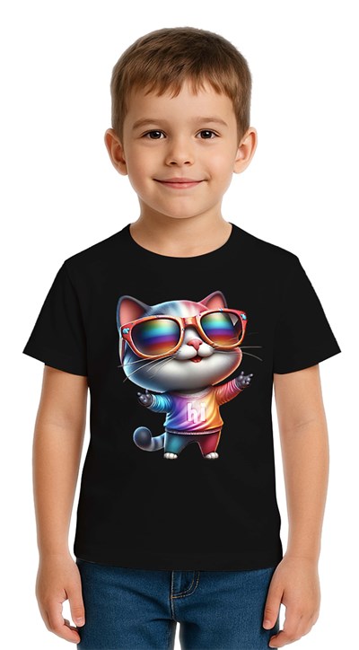 Unisex Cat Baskılı Çocuk Tişört pamuklu penye kumaş