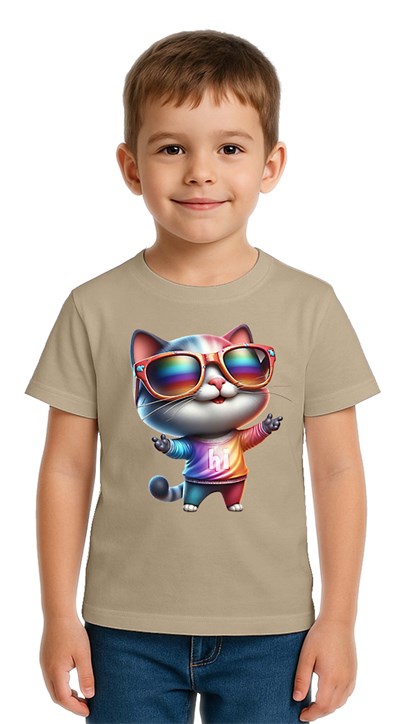 Unisex Cat Baskılı Çocuk Tişört pamuklu penye kumaş