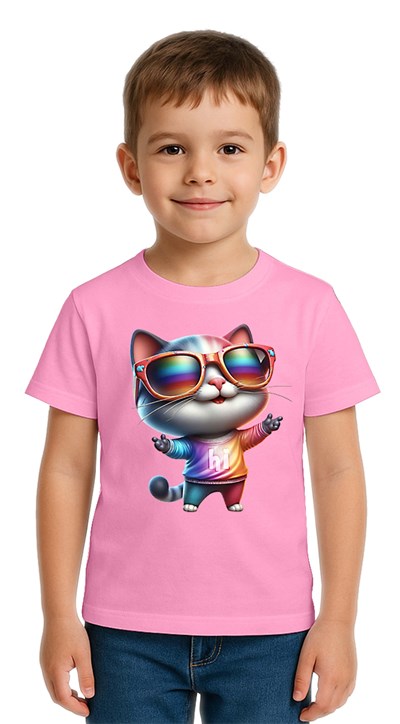 Unisex Cat Baskılı Çocuk Tişört pamuklu penye kumaş