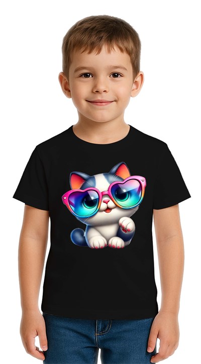 Unisex Cat Baskılı Çocuk Tişört pamuklu penye kumaş