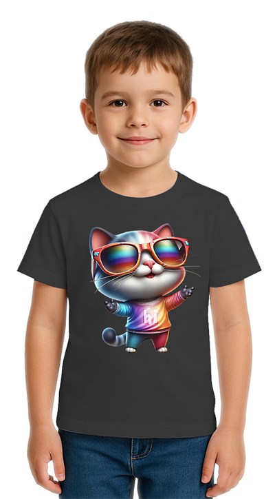 Unisex Cat Baskılı Çocuk Tişört pamuklu penye kumaş