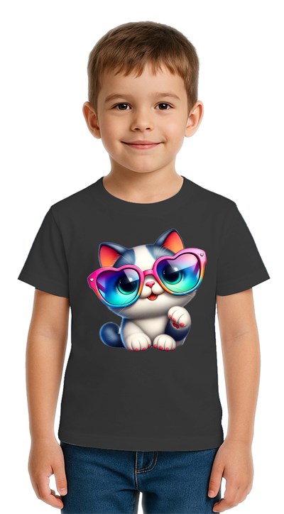 Unisex Cat Baskılı Çocuk Tişört pamuklu penye kumaş
