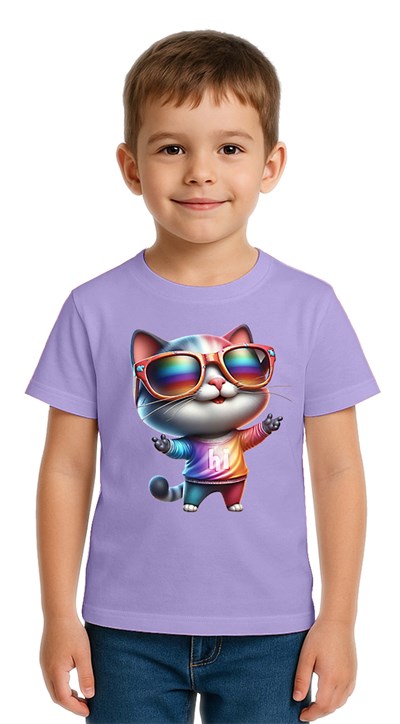 Unisex Cat Baskılı Çocuk Tişört pamuklu penye kumaş