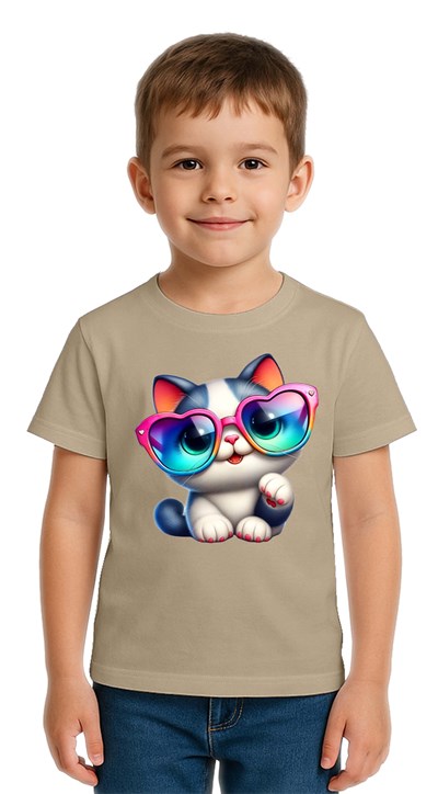 Unisex Cat Baskılı Çocuk Tişört pamuklu penye kumaş