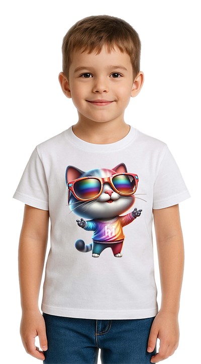Unisex Cat Baskılı Çocuk Tişört pamuklu penye kumaş