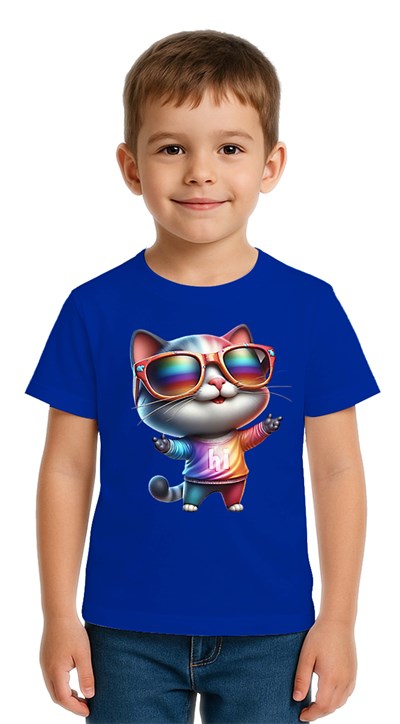 Unisex Cat Baskılı Çocuk Tişört pamuklu penye kumaş