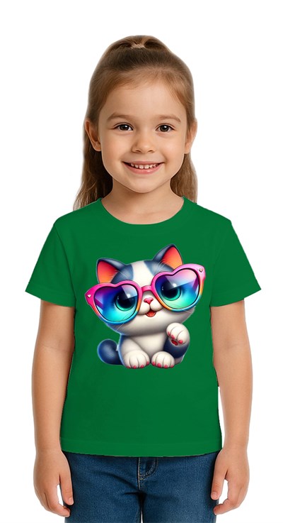 Unisex Cat Baskılı Çocuk Tişört pamuklu penye kumaş