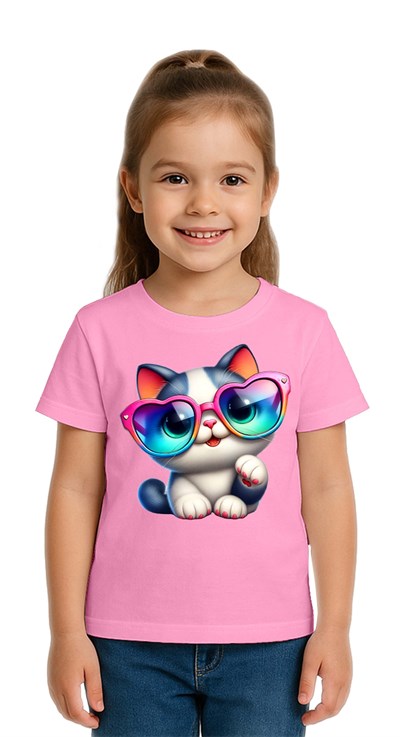 Unisex Cat Baskılı Çocuk Tişört pamuklu penye kumaş