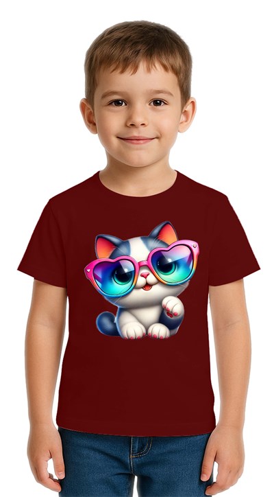 Unisex Cat Baskılı Çocuk Tişört pamuklu penye kumaş
