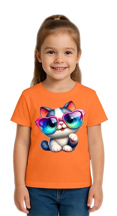 Unisex Cat Baskılı Çocuk Tişört pamuklu penye kumaş