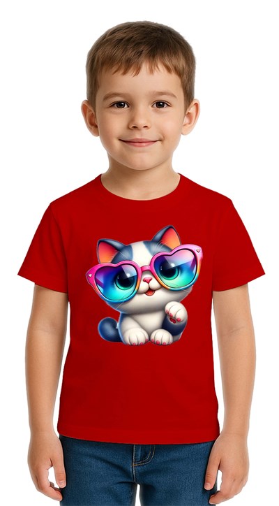 Unisex Cat Baskılı Çocuk Tişört pamuklu penye kumaş