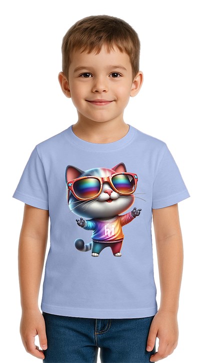Unisex Cat Baskılı Çocuk Tişört pamuklu penye kumaş