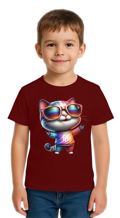 Unisex Cat Baskılı Çocuk Tişört pamuklu penye kumaş