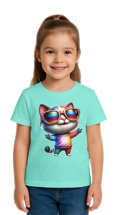 Unisex Cat Baskılı Çocuk Tişört pamuklu penye kumaş