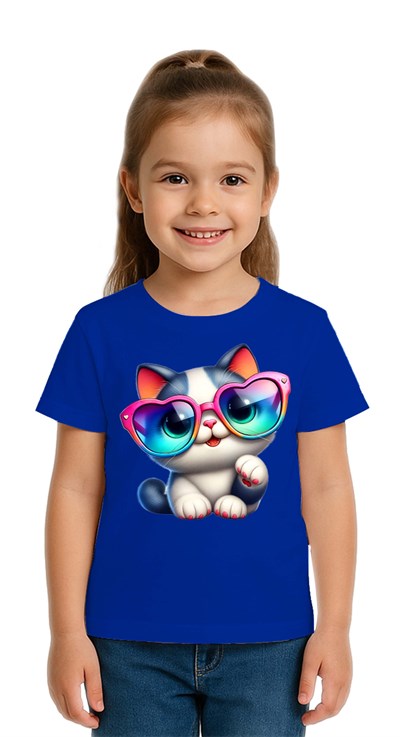 Unisex Cat Baskılı Çocuk Tişört pamuklu penye kumaş