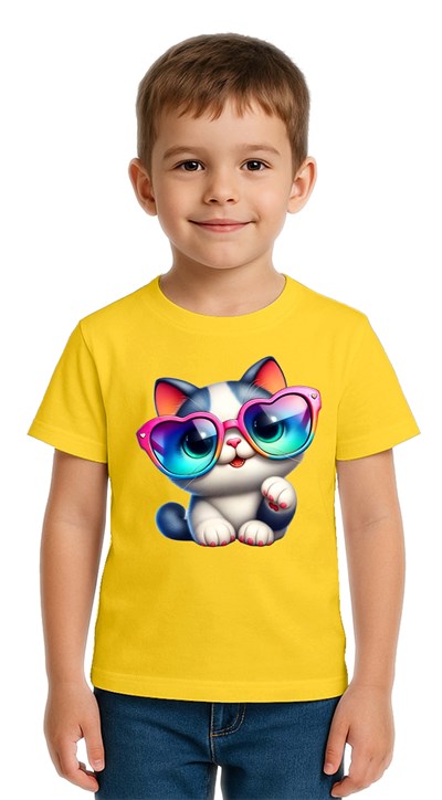 Unisex Cat Baskılı Çocuk Tişört pamuklu penye kumaş
