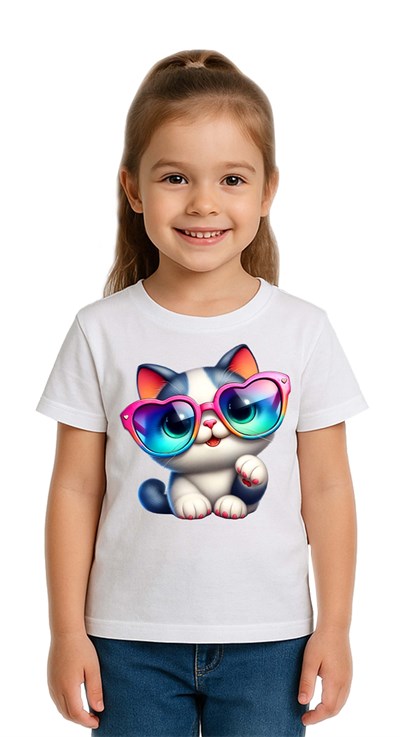 Unisex Cat Baskılı Çocuk Tişört pamuklu penye kumaş