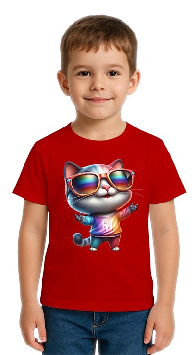 Unisex Cat Baskılı Çocuk Tişört pamuklu penye kumaş