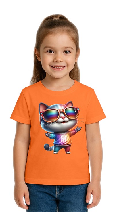 Unisex Cat Baskılı Çocuk Tişört pamuklu penye kumaş