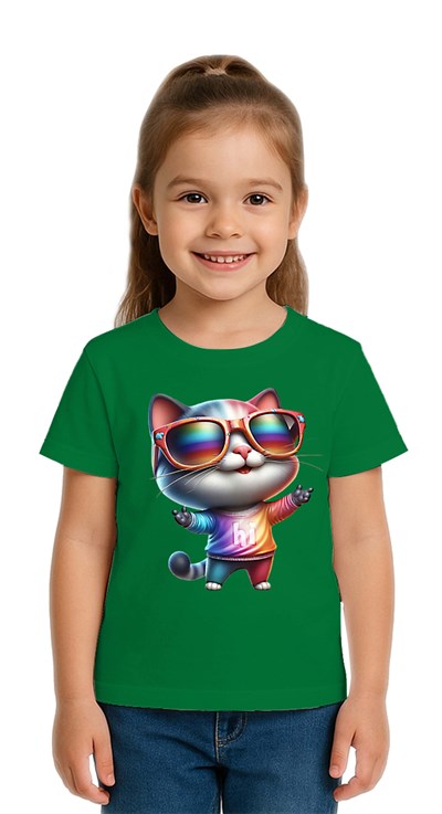 Unisex Cat Baskılı Çocuk Tişört pamuklu penye kumaş