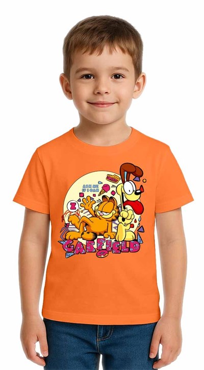 Unisex Garfıeld Baskılı Çocuk Tişört pamuklu penye kumaş