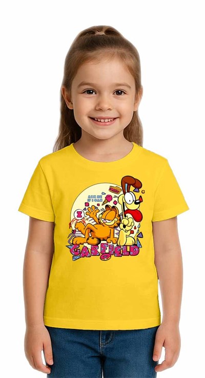 Unisex Garfıeld Baskılı Çocuk Tişört pamuklu penye kumaş