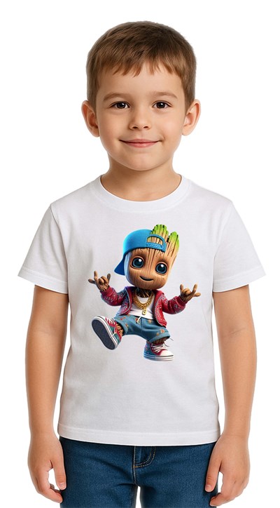 Unisex Groot Baskılı Çocuk Tişört pamuklu penye kumaş