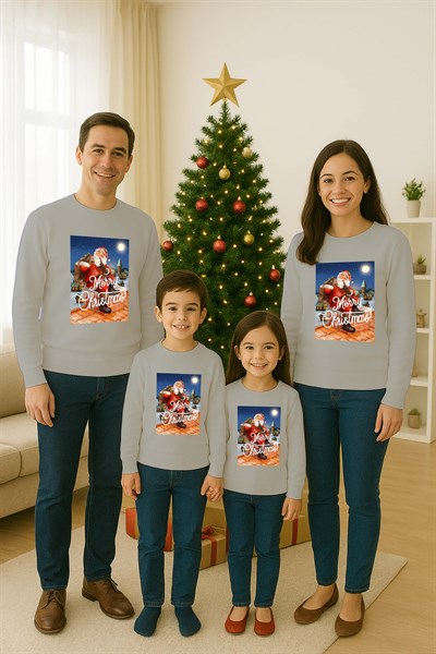 Unisex Happy New Year Yılbaşı Baskılı Yetişkin ve Çocuk Sweatshirt 3 İplik Şardonlu Kumaş