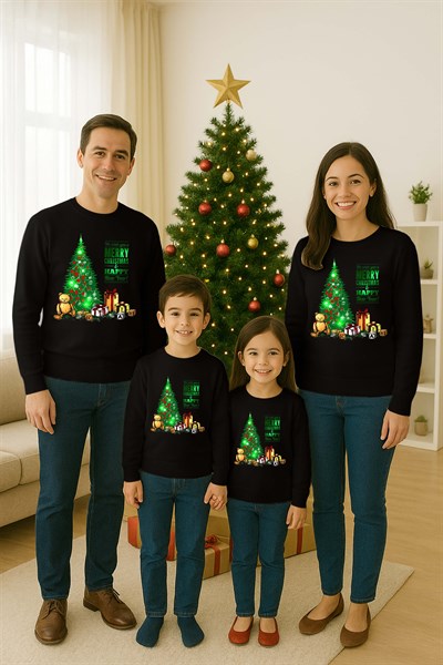 Unisex Happy New Year Yılbaşı Baskılı Yetişkin ve Çocuk Sweatshirt 3 İplik Şardonlu Kumaş