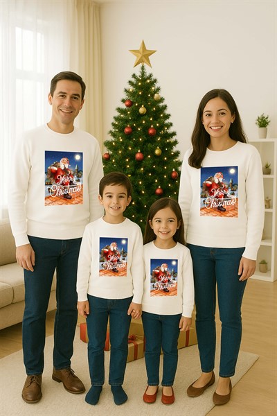 Unisex Happy New Year Yılbaşı Baskılı Yetişkin ve Çocuk Sweatshirt 3 İplik Şardonlu Kumaş