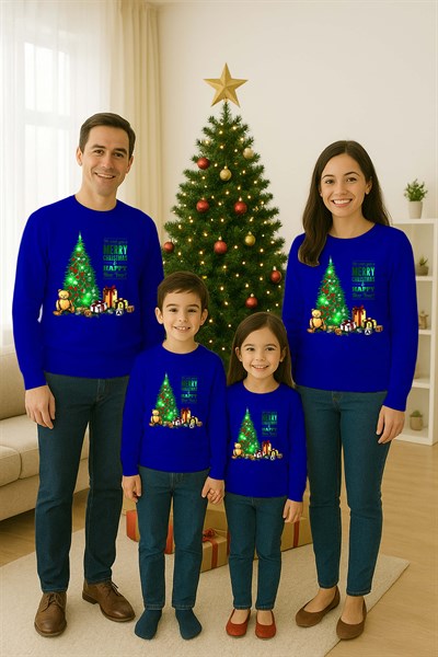 Unisex Happy New Year Yılbaşı Baskılı Yetişkin ve Çocuk Sweatshirt 3 İplik Şardonlu Kumaş