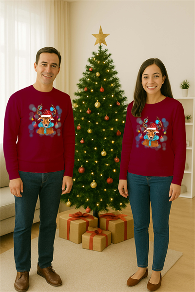 Unisex Happy New Year Yılbaşı Baskılı Yetişkin ve Çocuk Sweatshirt 3 İplik Şardonlu Kumaş
