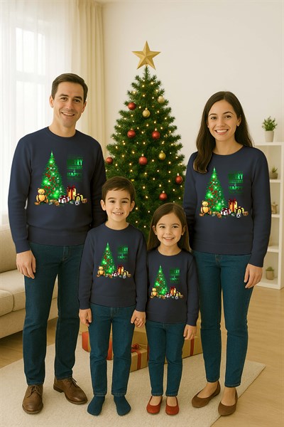 Unisex Happy New Year Yılbaşı Baskılı Yetişkin ve Çocuk Sweatshirt 3 İplik Şardonlu Kumaş