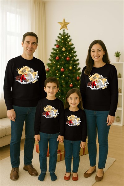 Unisex Happy New Year Yılbaşı Baskılı Yetişkin ve Çocuk Sweatshirt 3 İplik Şardonlu Kumaş