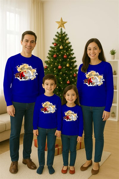 Unisex Happy New Year Yılbaşı Baskılı Yetişkin ve Çocuk Sweatshirt 3 İplik Şardonlu Kumaş