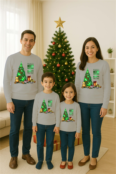 Unisex Happy New Year Yılbaşı Baskılı Yetişkin ve Çocuk Sweatshirt 3 İplik Şardonlu Kumaş