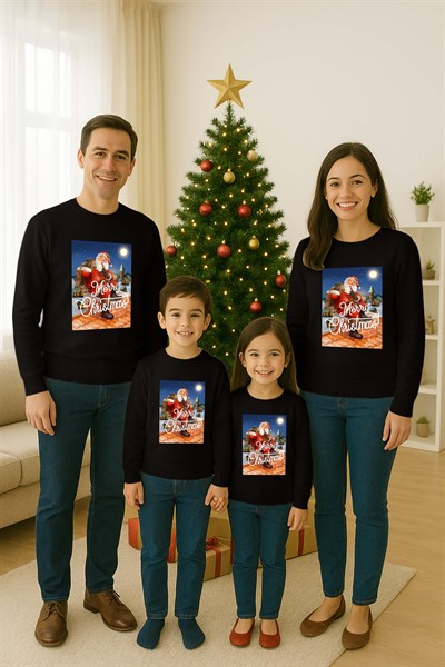 Unisex Happy New Year Yılbaşı Baskılı Yetişkin ve Çocuk Sweatshirt 3 İplik Şardonlu Kumaş