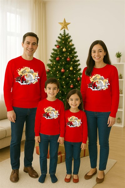 Unisex Happy New Year Yılbaşı Baskılı Yetişkin ve Çocuk Sweatshirt 3 İplik Şardonlu Kumaş