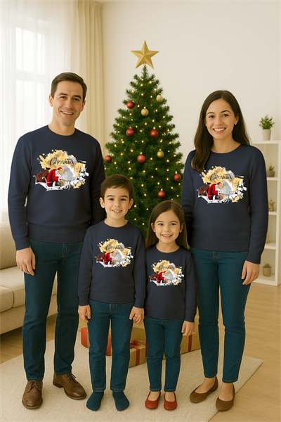 Unisex Happy New Year Yılbaşı Baskılı Yetişkin ve Çocuk Sweatshirt 3 İplik Şardonlu Kumaş